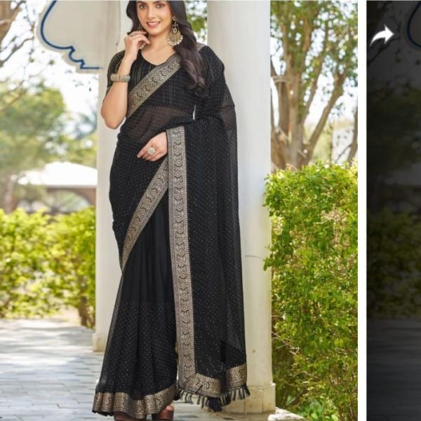 Women's  Georgette Saree with Golden Embroidered Border