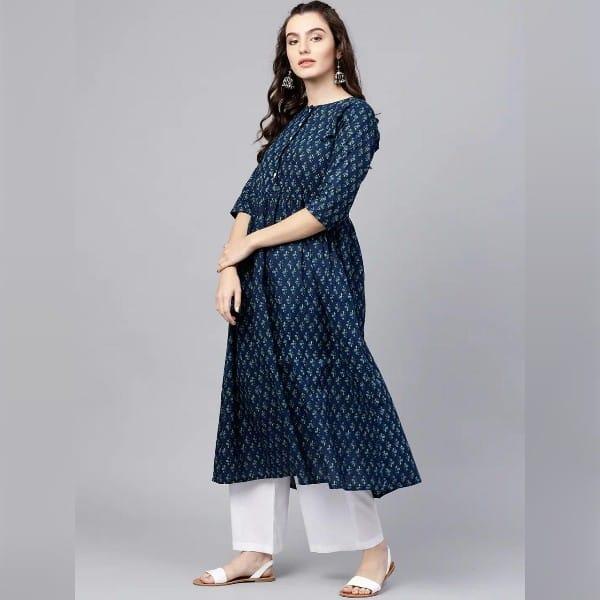 Women blue Printed Anarkali Kurta With White pant