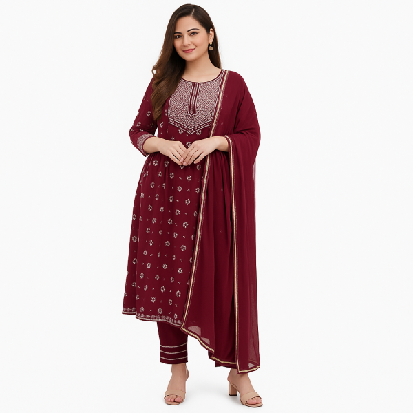Women Maroon Embroidered Kurta Set with Dupatta