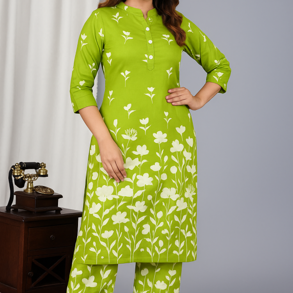 Women's Green Printed Kurti with Pant Set