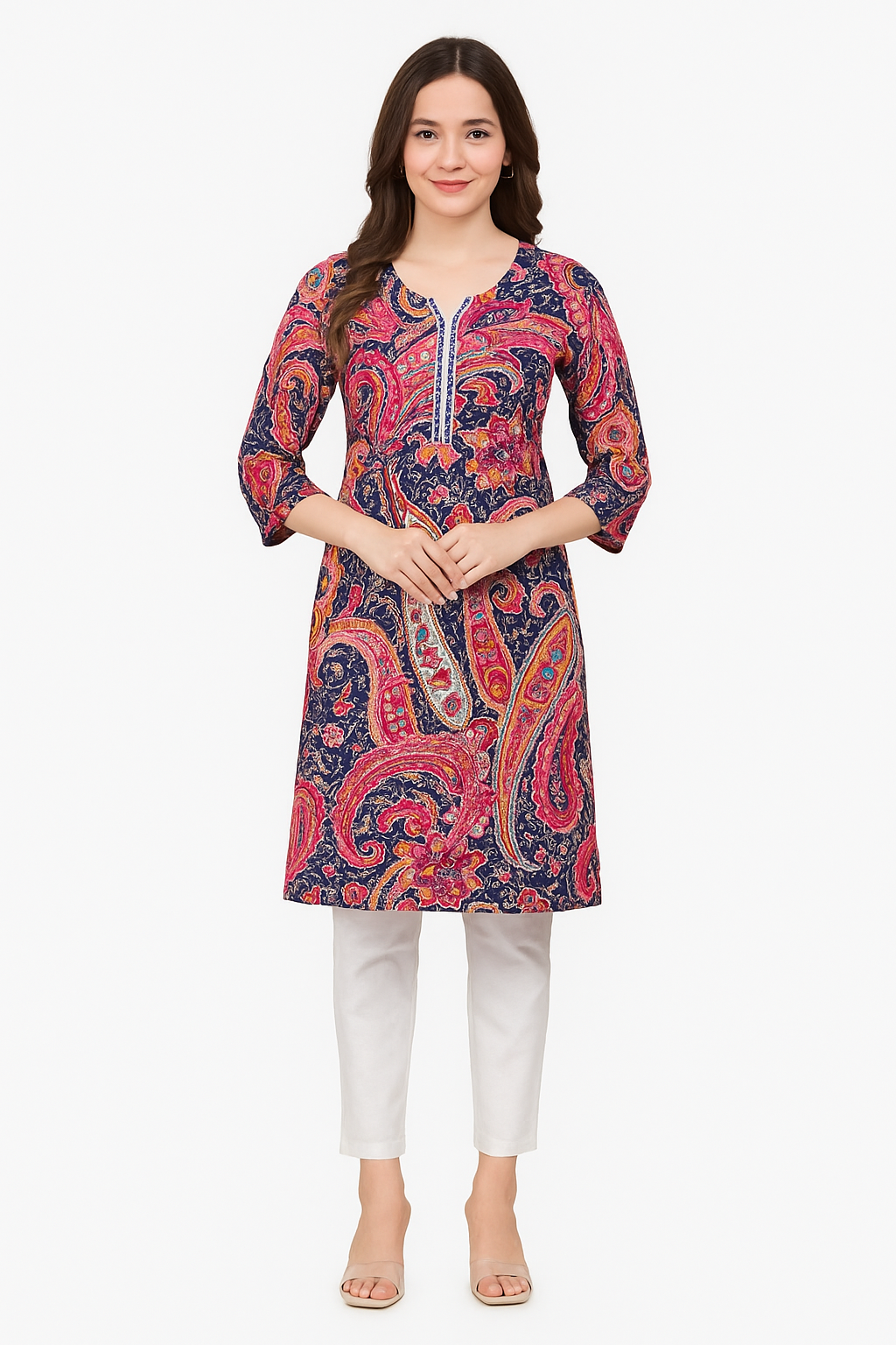 Women blue Printed Anarkali Kurta With White pant