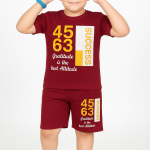 Boys Graphic T-Shirt & Shorts Set Color: Maroon with Yellow and White Print