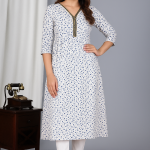 White & Blue Printed Cotton V-Neck Kurti