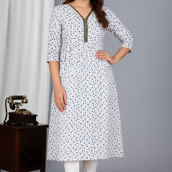White & Blue Printed Cotton V-Neck Kurti