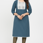 Blue Striped Cotton Kurti with Embroidered Yoke