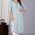 White & Blue Printed Cotton V-Neck Kurti