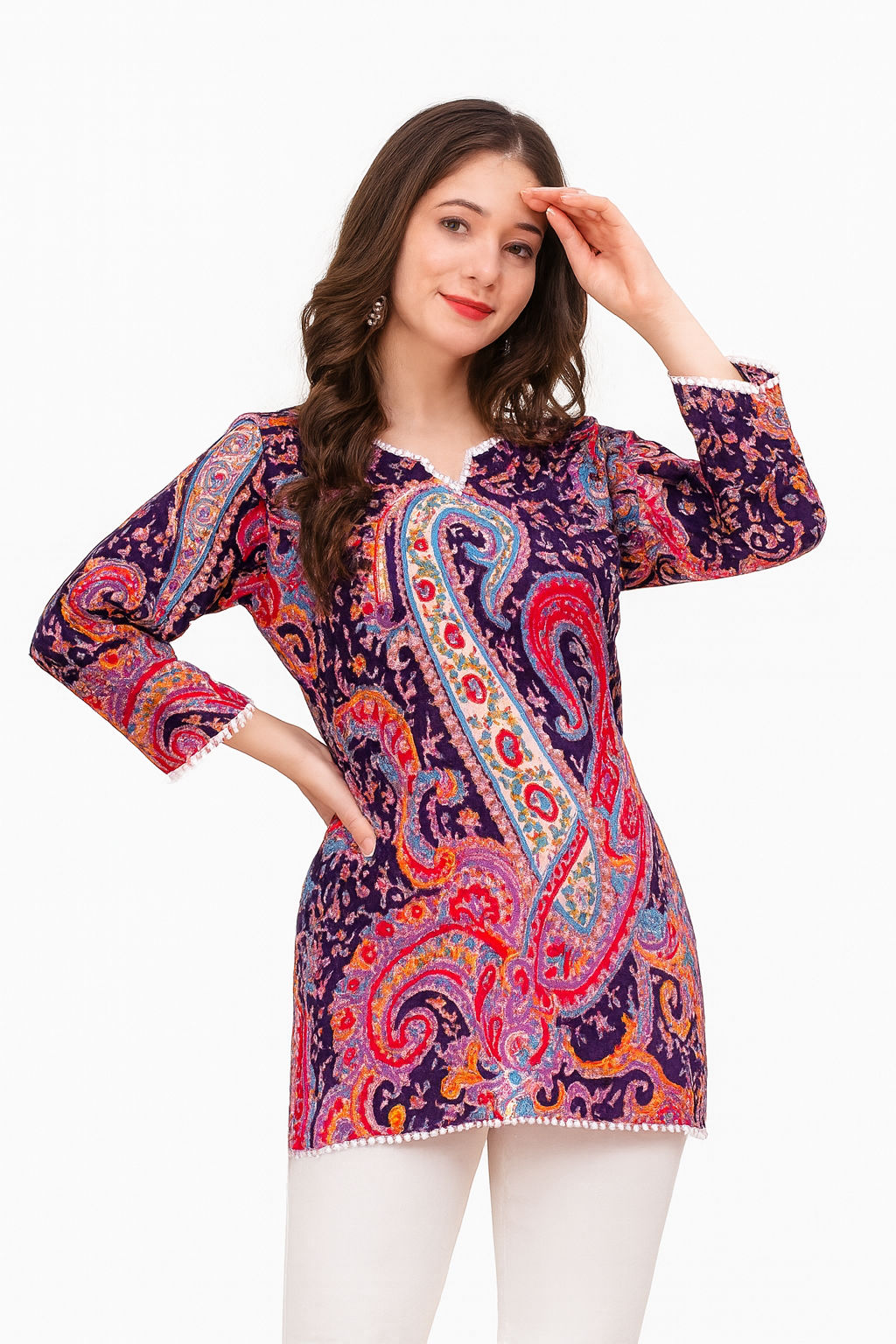 Women blue Printed Anarkali Kurta With White pant