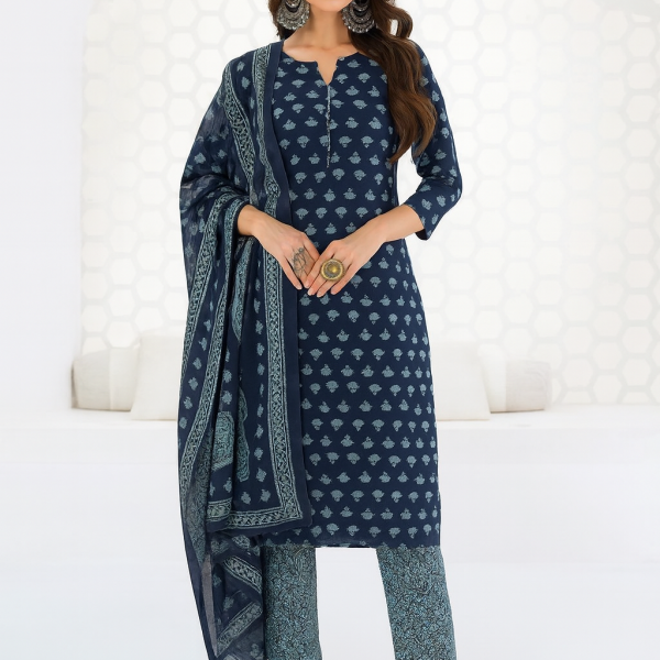 Indigo Blue Printed Cotton Kurta Set with Dupatta – 10004