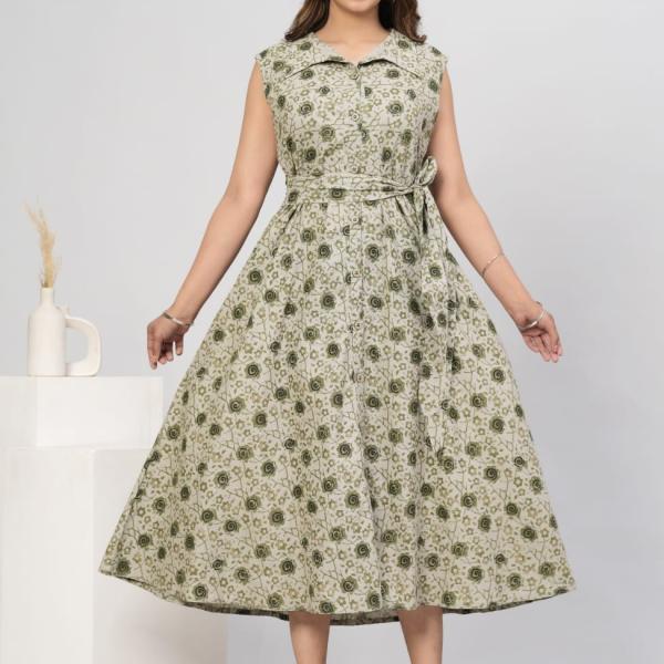 Women's Pure Cotton Floral Print Green Party Wear Kurta