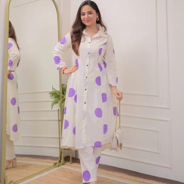 White with Purple Polka Dots