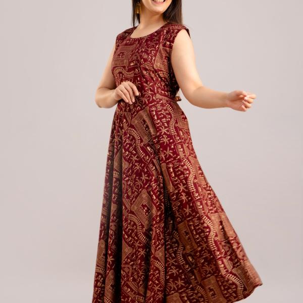 Maroon Ethnic Printed Sleeveless Flared Dress