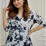 Elegant Black & White Floral Printed Cotton Kurta Set