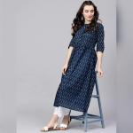 "Navy Blue Cotton Printed A-Line Kurta"