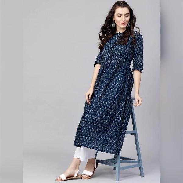 "Navy Blue Cotton Printed A-Line Kurta"