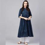 "Navy Blue Cotton Printed A-Line Kurta"