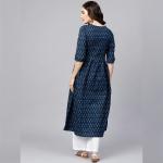 "Navy Blue Cotton Printed A-Line Kurta"