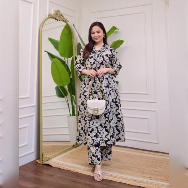 Navy Blue Floral Kurta Set