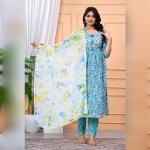 withomen's Blue & White Floral Print Cotton Kurta Set with Dupatta