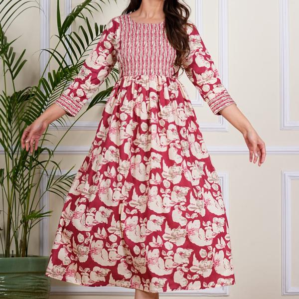 Maroon Floral Cotton Flared Kurti