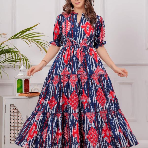 Naira Cut Flared Cotton Maxi Dress – Bandhani Print Edition