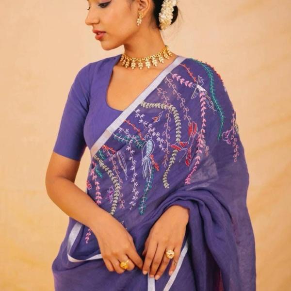 Hand Embroidered Pure Linen Saree with Silver Zari Border