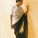 Hand Embroidered Pure Linen Saree with Silver Zari Border