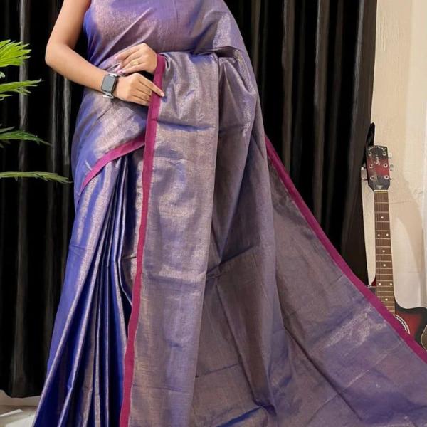 Royal Blue Tissue Linen Saree with Wine Border – Elegant Festive Wear