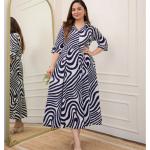 Navy & White Abstract Printed Cotton A-Line Midi Dress