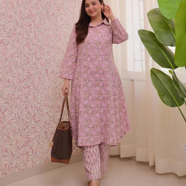"Pink Floral A-line Kurta Set"