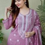 Mauve Floral Embroidered Cotton Suit Set