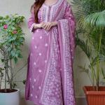 Mauve Floral Embroidered Cotton Suit Set