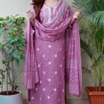 Elegant Light Mauve Embroidered Cotton Kurti Pant Dupatta Set