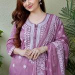 Elegant Light Mauve Embroidered Cotton Kurti Pant Dupatta Set