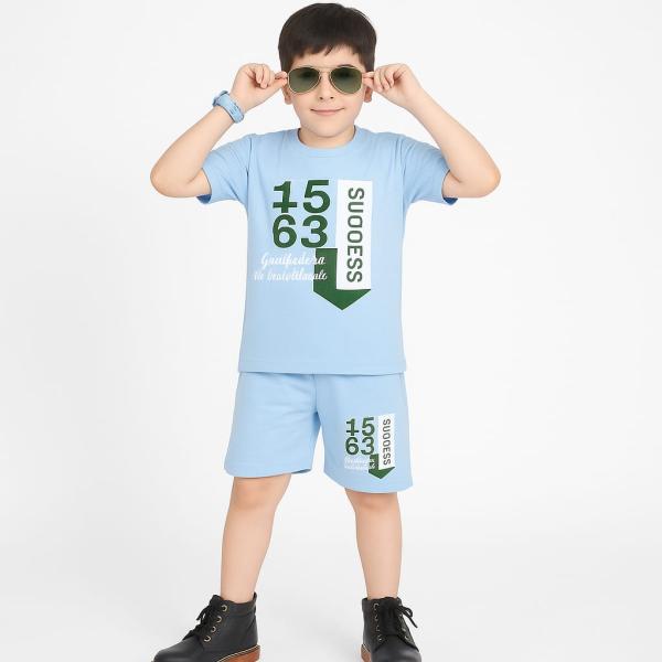 "Boys Sky Blue Cotton Co-ord Set – Success Print"