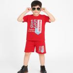 Boys Graphic T-Shirt & Shorts Set Color: Maroon with Yellow and White Print
