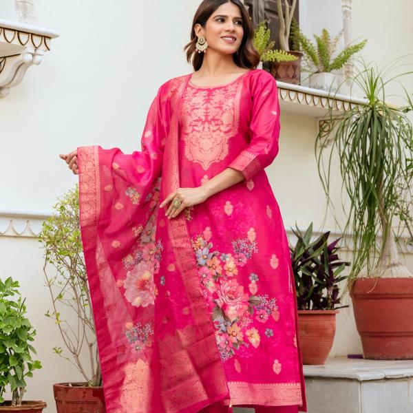 Embroidered Silk Suit Set with Dupatta