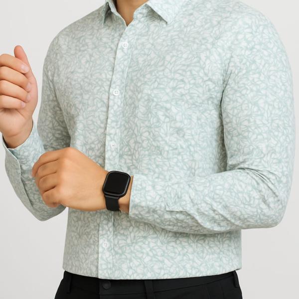 Light Green Leaf Printed Formal Shirt for Men