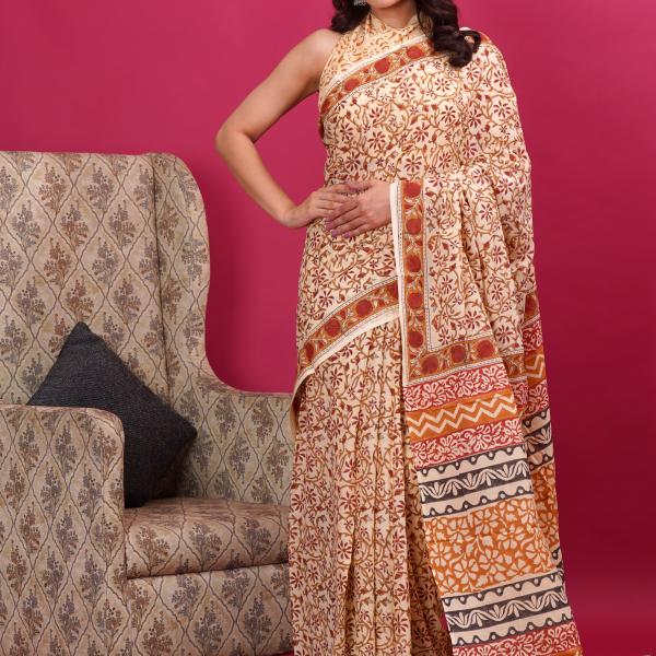 Cotton hand block printed saree